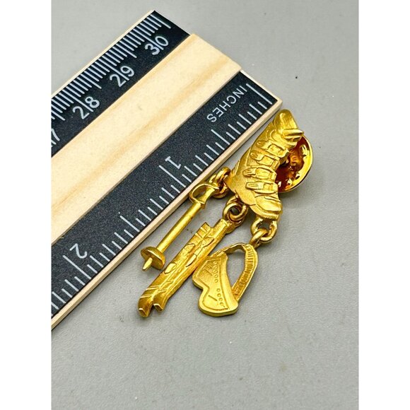 Vintage JJ Tack Pin Skiing Theme Ski Lover Matte Gold Tone Boot Ski Pole Goggles - Picture 5 of 5